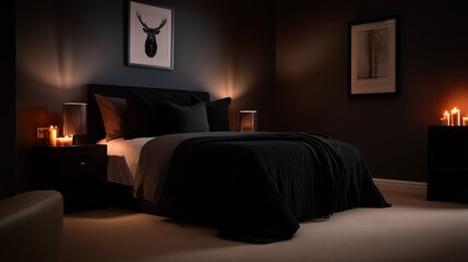 A dimly lit, sophisticated bedroom features a plush black bed, dark walls, and subtle candlelight creating a tranquil and inviting atmosphere.