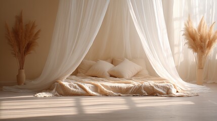 A serene bedroom oasis with an inviting canopy bed adorned with delicate fabric and soft pillows, enhanced by natural light and decorative pampas grass.