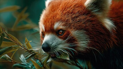 close-up of a red panda munching bamboo, color tones: rust red, forest green, and ivory white