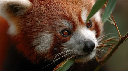 close-up of a red panda munching bamboo, color tones: rust red, forest green, and ivory white