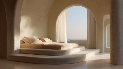 A serene, sun-drenched bedroom interior in an elegant, minimalist style, creating an inviting atmosphere of luxury and comfort.