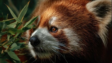 close-up of a red panda munching bamboo, color tones: rust red, forest green, and ivory white
