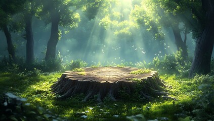 Sunlit Tree Stump in Magical Forest Setting with Butterflies Fantasy Nature Scene