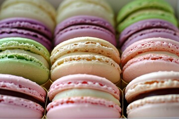 Colorful macarons arranged beautifully in a pastry box during a dessert display event