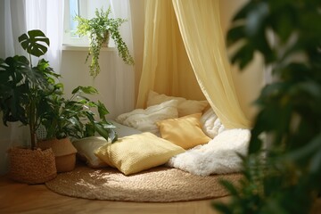 A cozy reading nook in the bright of sunlight, featuring soft cushions, plants, and a calming atmosphere of home.