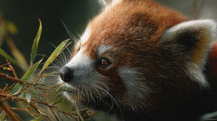close-up of a red panda munching bamboo, color tones: rust red, forest green, and ivory white