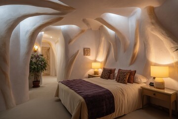 An elegantly designed bedroom with organic architecture, a comfortable bed, and soft lighting. Evoking a sense of tranquility and relaxation, the image captures a serene escape.