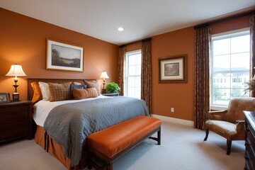 Elegant bedroom space, creating a relaxing ambience and showcase an immaculate design that is both stylish and welcoming. The large windows flood the space with natural light.