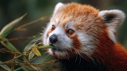 close-up of a red panda munching bamboo, color tones: rust red, forest green, and ivory white