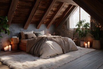 A cozy and inviting attic bedroom, with its rustic charm and warm ambiance, beckons one to relax and unwind. The space is filled with soft textures, natural light, and an overall sense of tranquility.