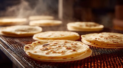 fresh tortillas cooking on conveyor grill, authentic mexican cuisine and food production 
