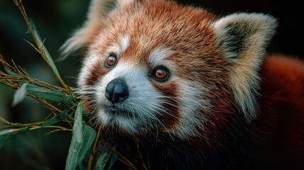 close-up of a red panda munching bamboo, color tones: rust red, forest green, and ivory white