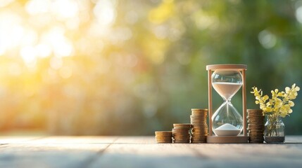 Time management and financial growth hourglass with coins outdoor table still life natural light conceptual wealth