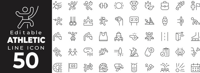 Editable stroke icon collection featuring athletics and sports-related symbols. Includes running, sprinting, hurdles, relay baton, stopwatch, medal, stadium, athlete silhouette, and training gear.