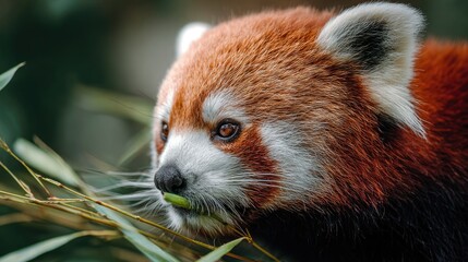 Obraz premium close-up of a red panda munching bamboo, color tones: rust red, forest green, and ivory white