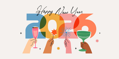 2026. Happy New Year Vector illustration with hands holding champagne, cocktail and sparklers. Perfect for greetings, background, poster,  congratulatory card, banner, or holiday designs. Holiday.