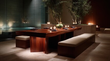 A stylish interior dining space, illuminated with soft, inviting light. A long, elegant wooden table is surrounded by benches, and the ambiance exudes a sense of quiet luxury and intimate gathering.