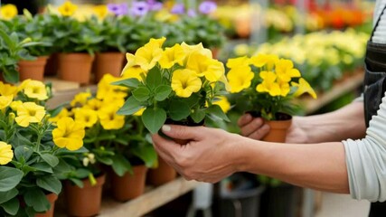 Flower enthusiast selects vibrant yellow petunias at a local garden center during springtime planting season