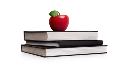 A pile of 3 books for going back to school with a red apple for the teacher or for the child as a healthy snack during their lesson to further their education isolated against a transparent background