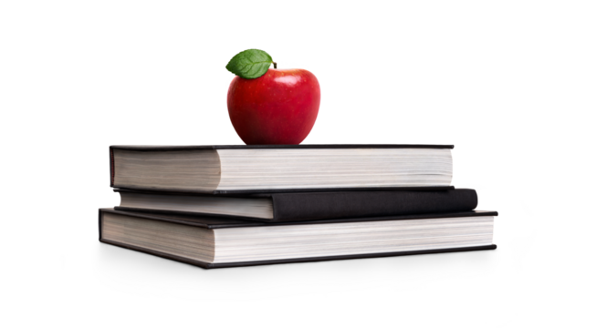 A pile of 3 books for going back to school with a red apple for the teacher or for the child as a healthy snack during their lesson to further their education isolated against a transparent background