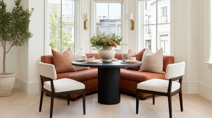 A stylish breakfast nook showcasing an inviting ambiance, filled with natural light. Featuring a contemporary dining set and decorative arrangement, embodying comfort and elegance.