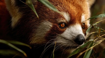 close-up of a red panda munching bamboo, color tones: rust red, forest green, and ivory white