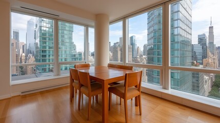 An inviting apartment dining room in a skyscraper offering captivating views of the cityscape through panoramic windows.