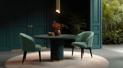 Luxurious interior design, featuring a modern dining set within an elegant, refined space. The table centerpiece adds artistic charm, complemented by the soft lighting and elegant furniture.