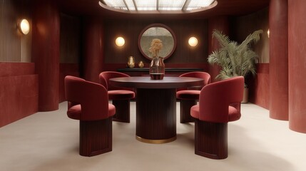 Elegant and sophisticated dining room, featuring a round table and plush chairs arranged invitingly. The space, with its warm color palette and modern design.