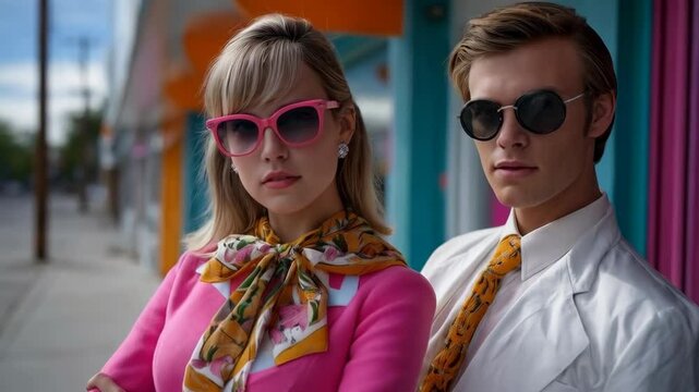 A stylish young couple poses confidently, exuding retro charm with their sunglasses and attire