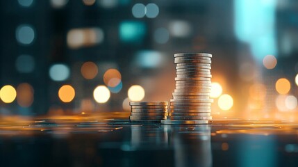 Investment strategy highlighting stacked coins in urban environment business scene close-up view for financial growth
