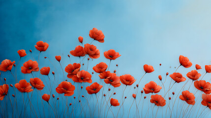 a painting featuring vibrant red poppy flowers set against a striking blue background capturing the essence of a meadow in bloom under soft impressionist light 76576888 1
