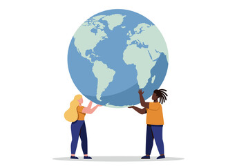 Two people holding a globe and collaborating on a project, isolated on transparent background  