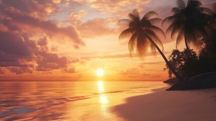 Blissful tropical sunset with serene waters and silhouetted palm trees