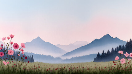 watercolor landscape with flowers on a background of mountains 66255064 1