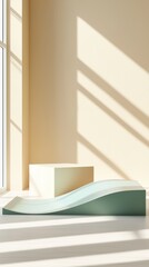 Minimalist Studio Scene with Geometric Podium and Sunlight Shadows minimalist studio podium geometric sunlight scene background product display pedestal shadow window beige green blue modern abstract