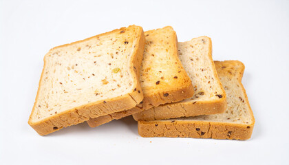 Square bread rusks pile whole wheat toast slices. White background.