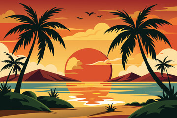 Obraz premium Sunset with palm trees and beach