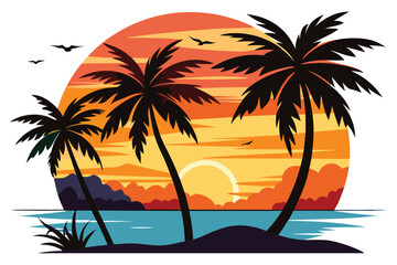 Sunset with palm trees and beach