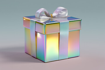 Iridescent gift box with a shiny ribbon sits on a soft gradient background, showcasing vibrant colors and reflecting light