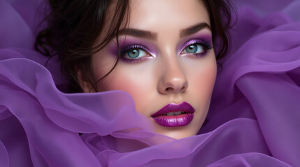 Bright brunette with purple makeup and purple sheer fabric