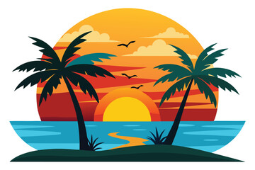 Sunset with palm trees and beach