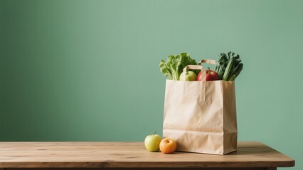 A paper grocery bag filled with fresh produce sits on a wooden table against a green wall.