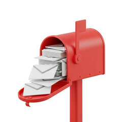 3D red mailbox overflowing with letters. Concept for email marketing, spam, and communication. Isolated on transparent background, png