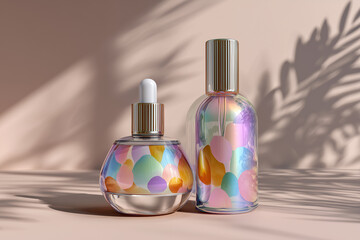 Colorful cosmetic bottles with playful patterns, featuring a dropper and a spray cap, elegantly displayed on a soft surface