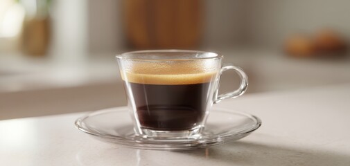 The elegant glass cup filled with rich espresso on a minimalistic countertop.