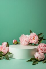 Minimalist white cylindrical podium is adorned with delicate pink peonies and green leaves against a serene teal background. Suitable for showcasing beauty products