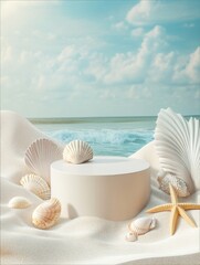 Light-colored product podium rests on sandy beach surrounded by various seashells and starfish with the ocean and blue sky in background. Ideal for summer, beach-themed product showcases