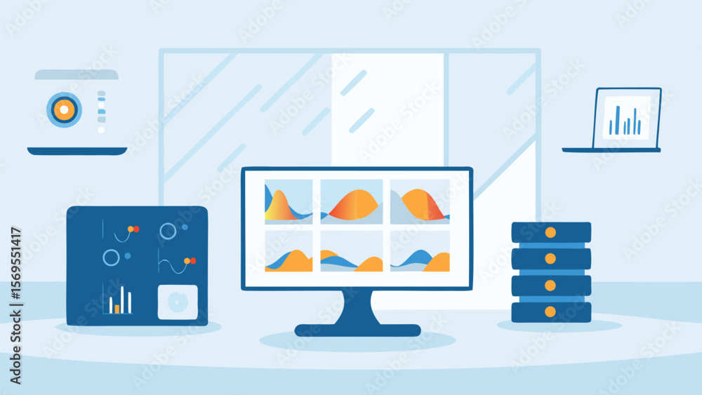 Poster data analysis and visualization setup with monitor, charts, and server in a modern office space