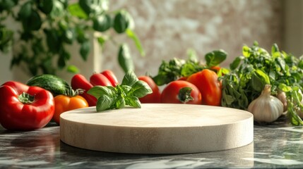 Empty round light-colored concrete podium on marble kitchen counter is surrounded by fresh vegetables and basil. Perfect for food preparation or product staging